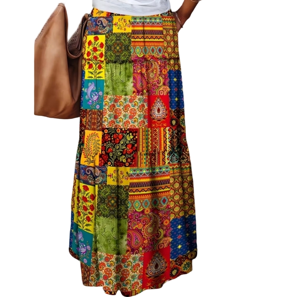 Long Maxi Skirt Medium Colorful Patchwork Print Bohemian Style Skirts Outfit - Picture 3 of 7